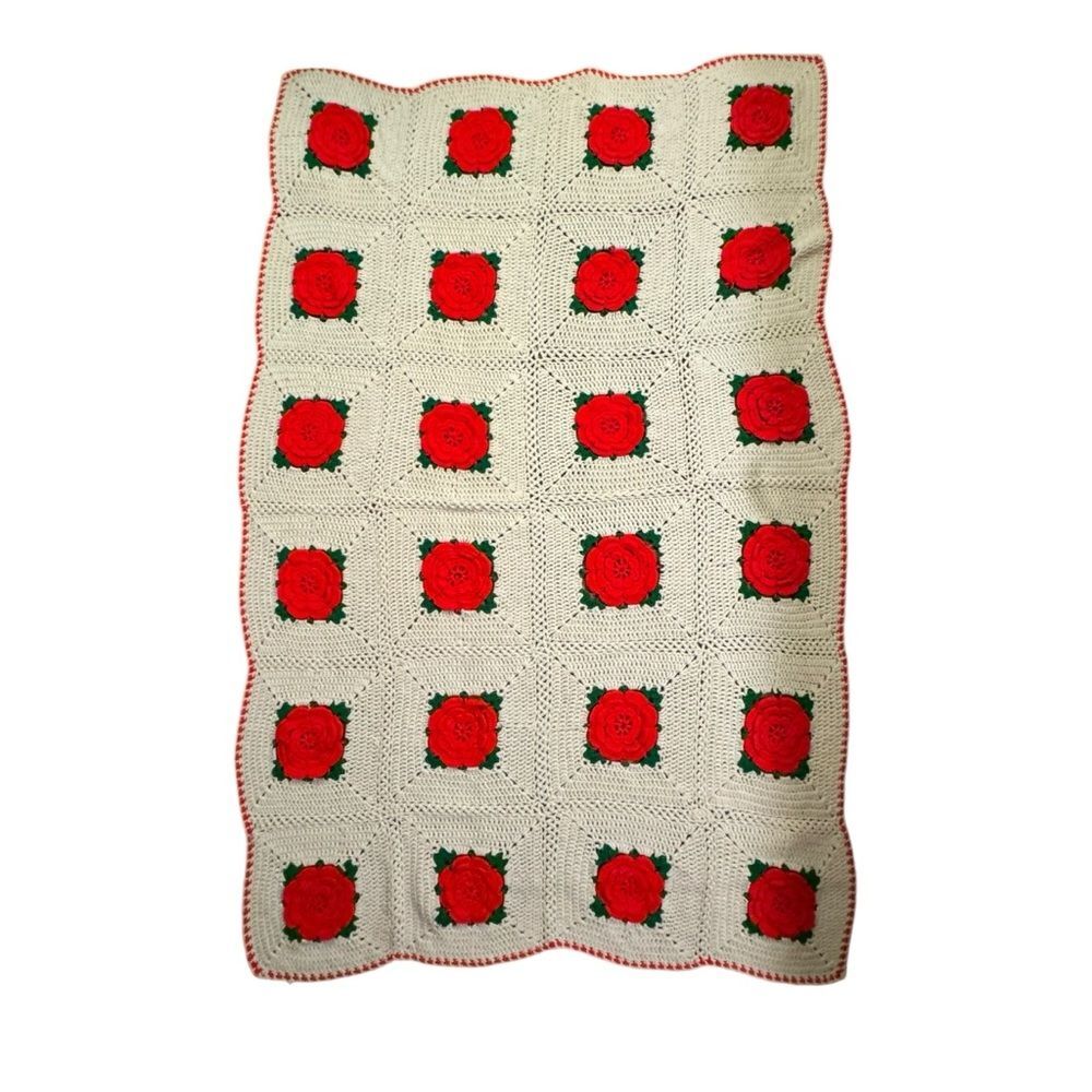 Vintage Crochet Granny Rose Square Cottagecore Christmas Afghan Throw Blanket